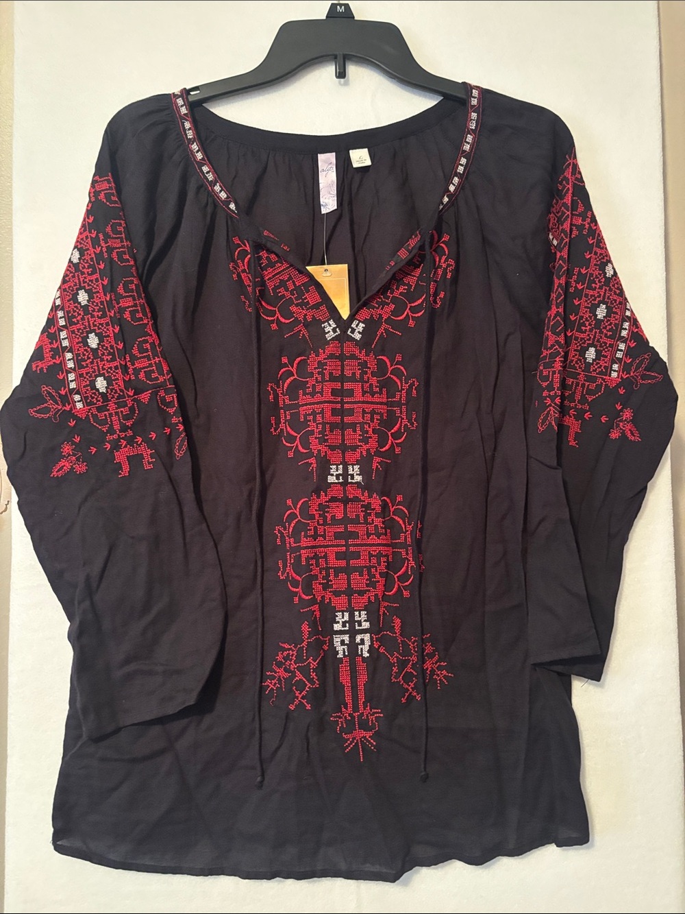 Black Peasant Blouse with Red Embroidery